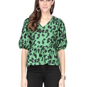 Jade Green Cheetah Top Puff Sleeve Peplum Sz S